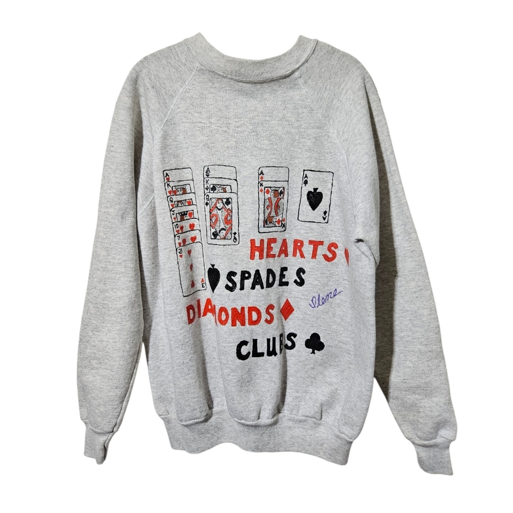 80s 90s J E MORGAN Fleece Hand-Drawn Playing Cards Suits Sweater USA‎ Made L/XL